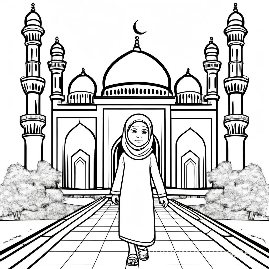 Blind-Girl-Walking-to-Mosque-Coloring-Page