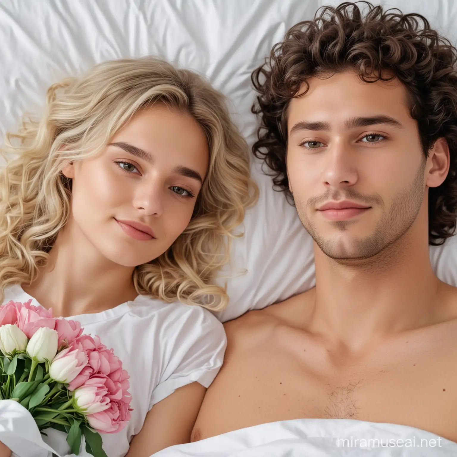 a beautiful girl with blonde hair is lying on the bed in the ward and a guy with dark curly hair came to her with flowers, the hospital