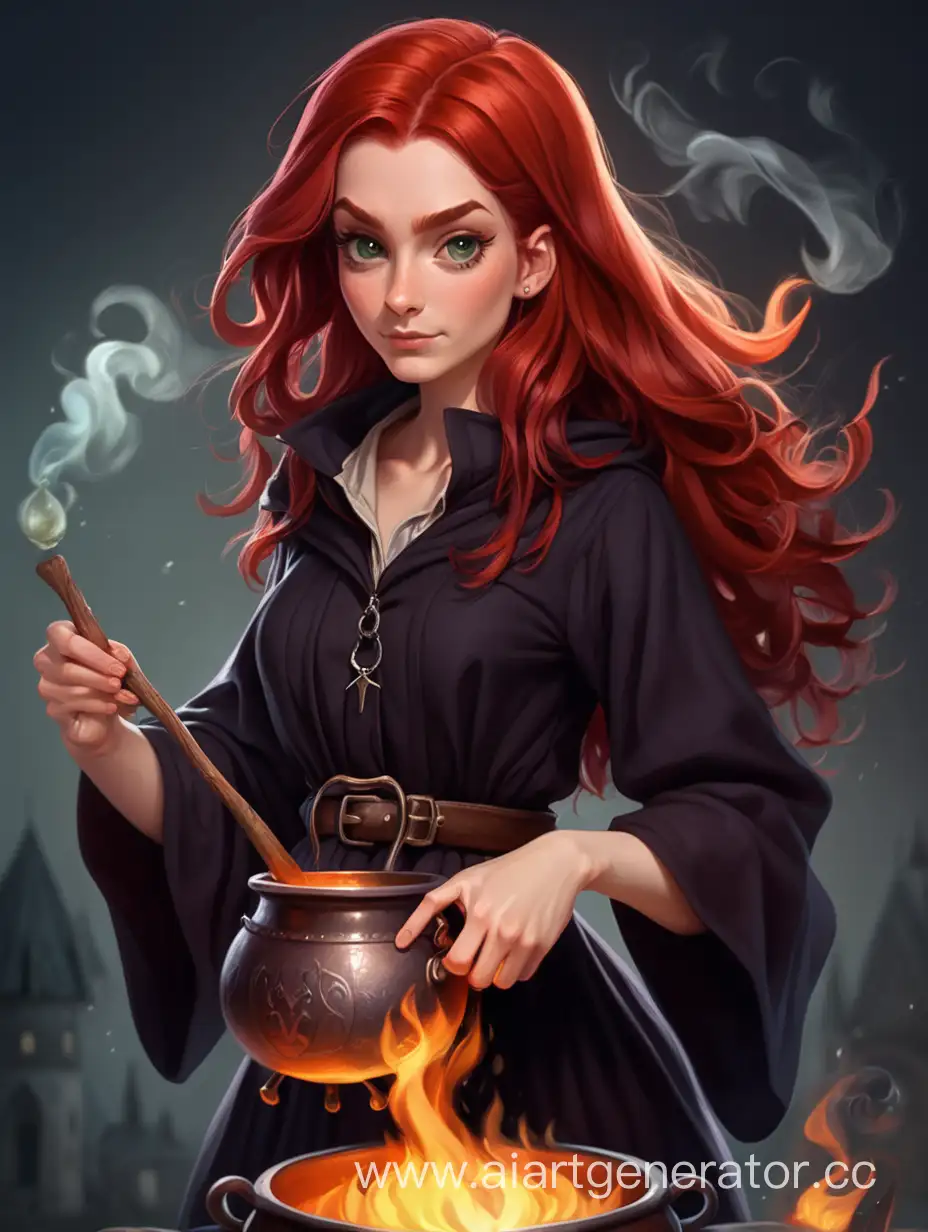 Рыжая ведьма с котлом в стиле Гарри Поттера