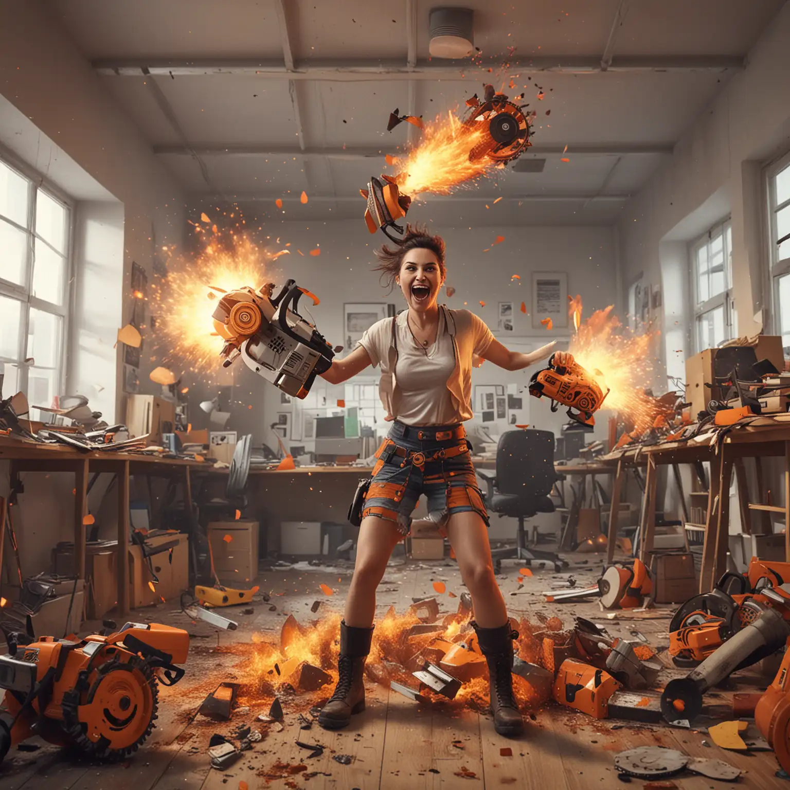 woman with a smiling expression juggling flaming chainsaws in a cluttered office. colors are bright and mood is light and humorous. photorealistic, eye level perspective
