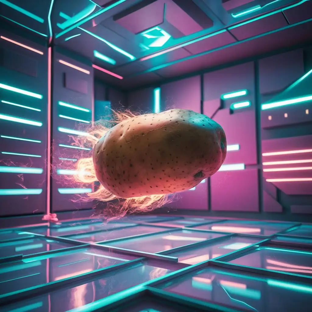 Futuristic-Neon-Potato-Flying-in-a-Cool-Room