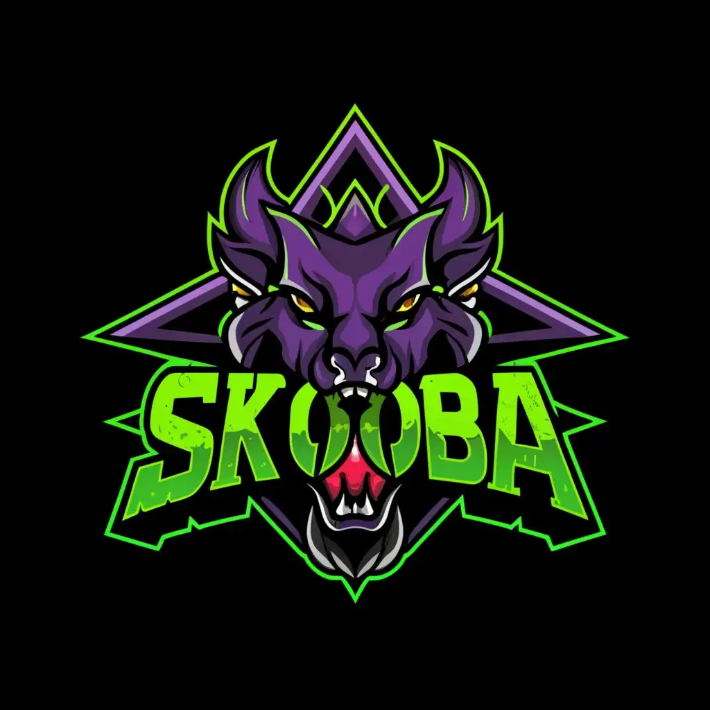 a logo design,with the text 'SkooBa___', main symbol:A dragonwolf/ green/ purple/ a big axe,complex,clear background