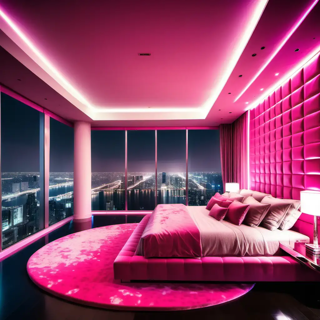 Luxurious modern billionaire penthouse with a gigantic pink bedroom in a city night 