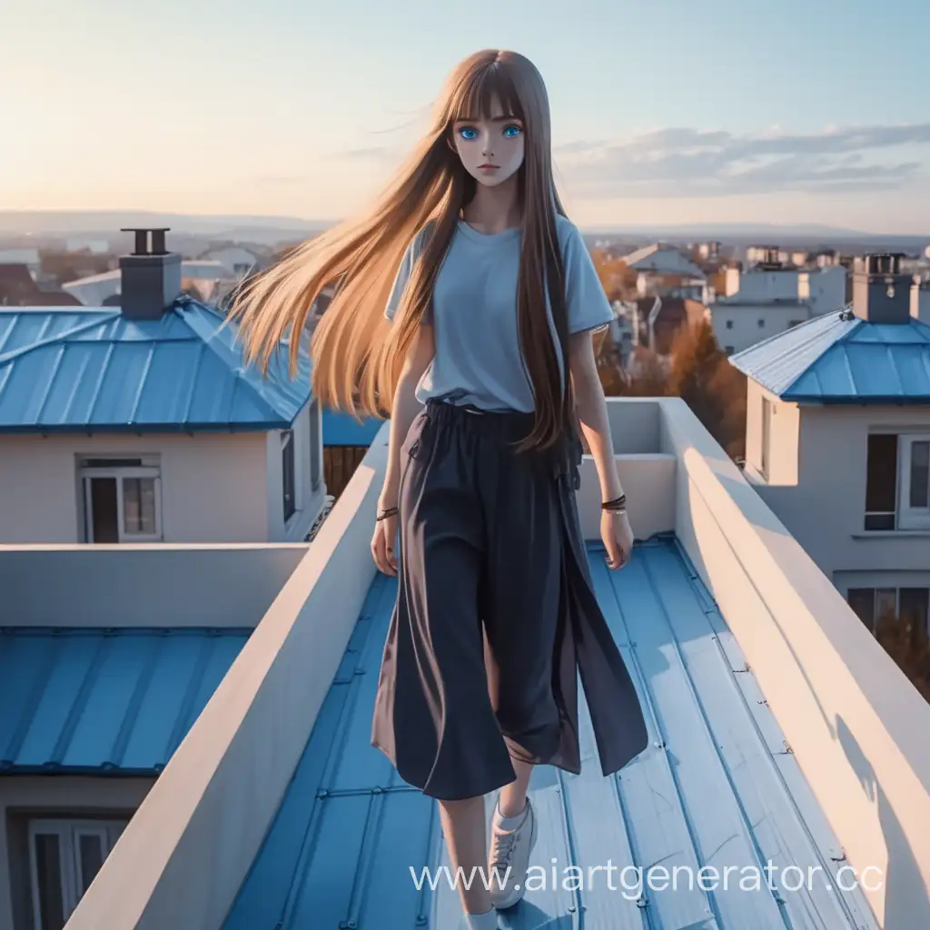Девушка с длинными прямыми волосами и голубыми глазами, она идёт по крыше дома 