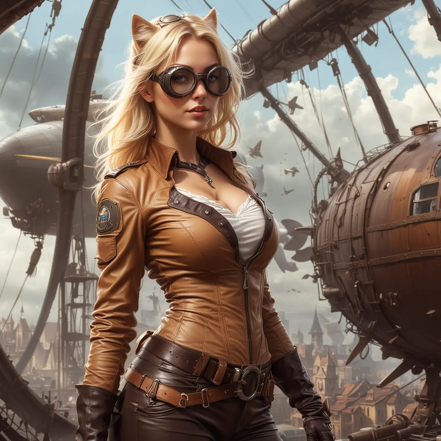 Medieval steampunk artificer catgirl pilot, she's blonde with oversized heavy leather gloves and dirty aviation goggles. Her tan unbuttoned shirt is busting out with deep cleavage. In the background a strange arcane airship floats out a window on magical currents of energy