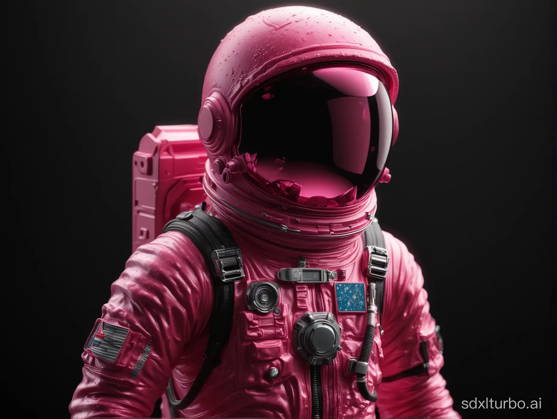 Perfect translucent gummy-textured extremely intricately detailed ultra-photorealistic brilliant hot pink astronaut against a pitch-black background, 8K ultra-high-definition, striking deep contrast, deep depth of field, deep shadows, deep chiaroscuro effect, f0.7, ISO 70,