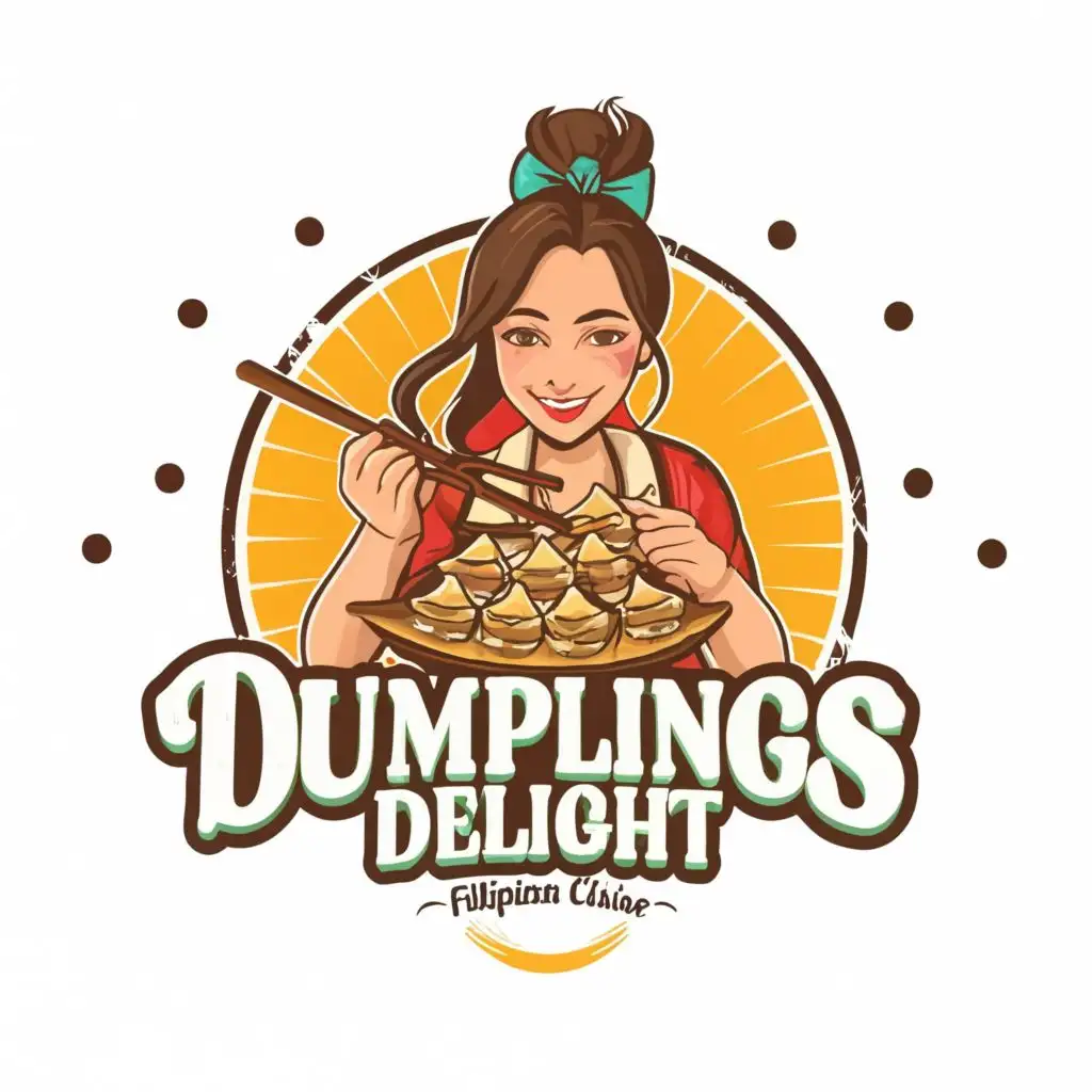 logo, Woman eating dumplings served with different sauces and feel delicious, with the text "Dumplings Delight
-Filipino Cuisine-", typography, be used in Retail industry