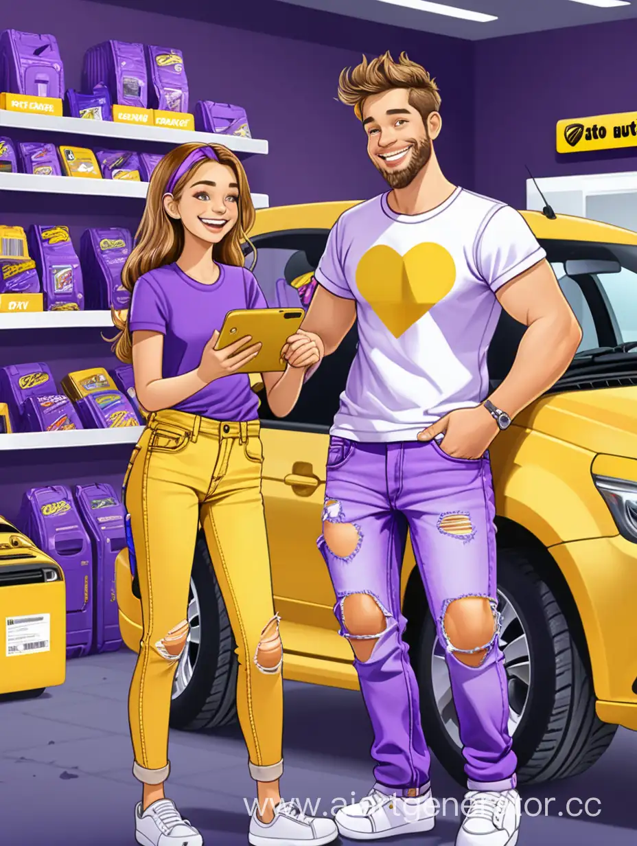Парень и девушка веселые улыбчивые довольные в  желто фиолетовых тонах в рваных джинсах футболке в магазине автозапчастей  на кассе делают покупку