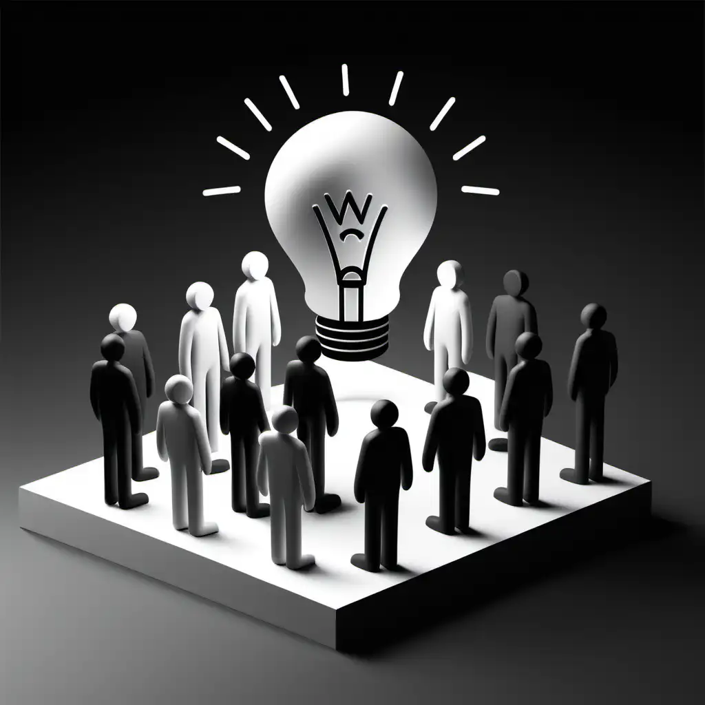 3d image in black and white of a w group of  real persons having an idea
 and in an icon format