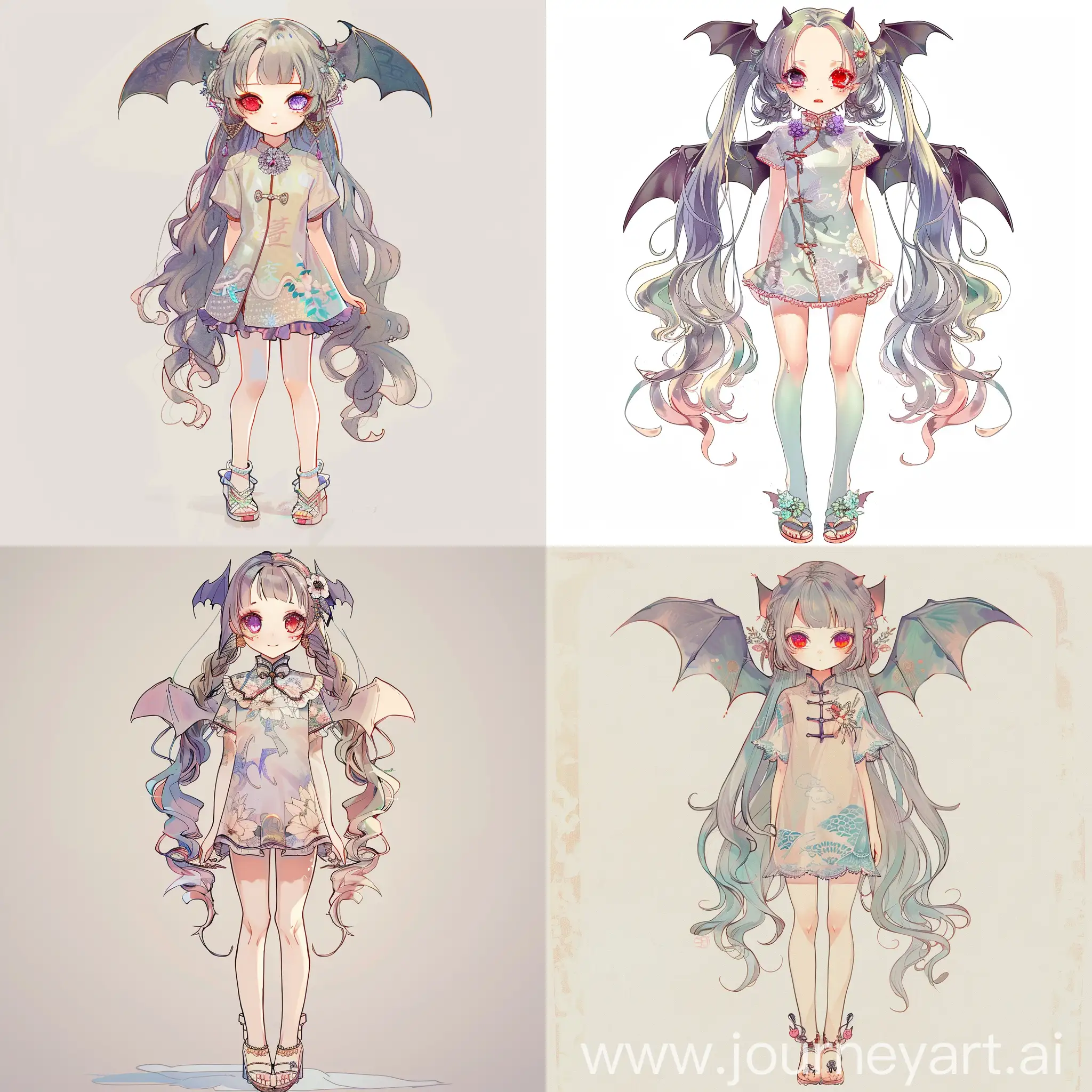 girl, long hair slightly curly at the ends, heterochromia, two pairs of eyes, red eyes, purple eyes, small bat wings growing from the back of her head, short dress in oriental style, without patterns, pastel color palette, flower decoration on the neck, platform shoes, full length