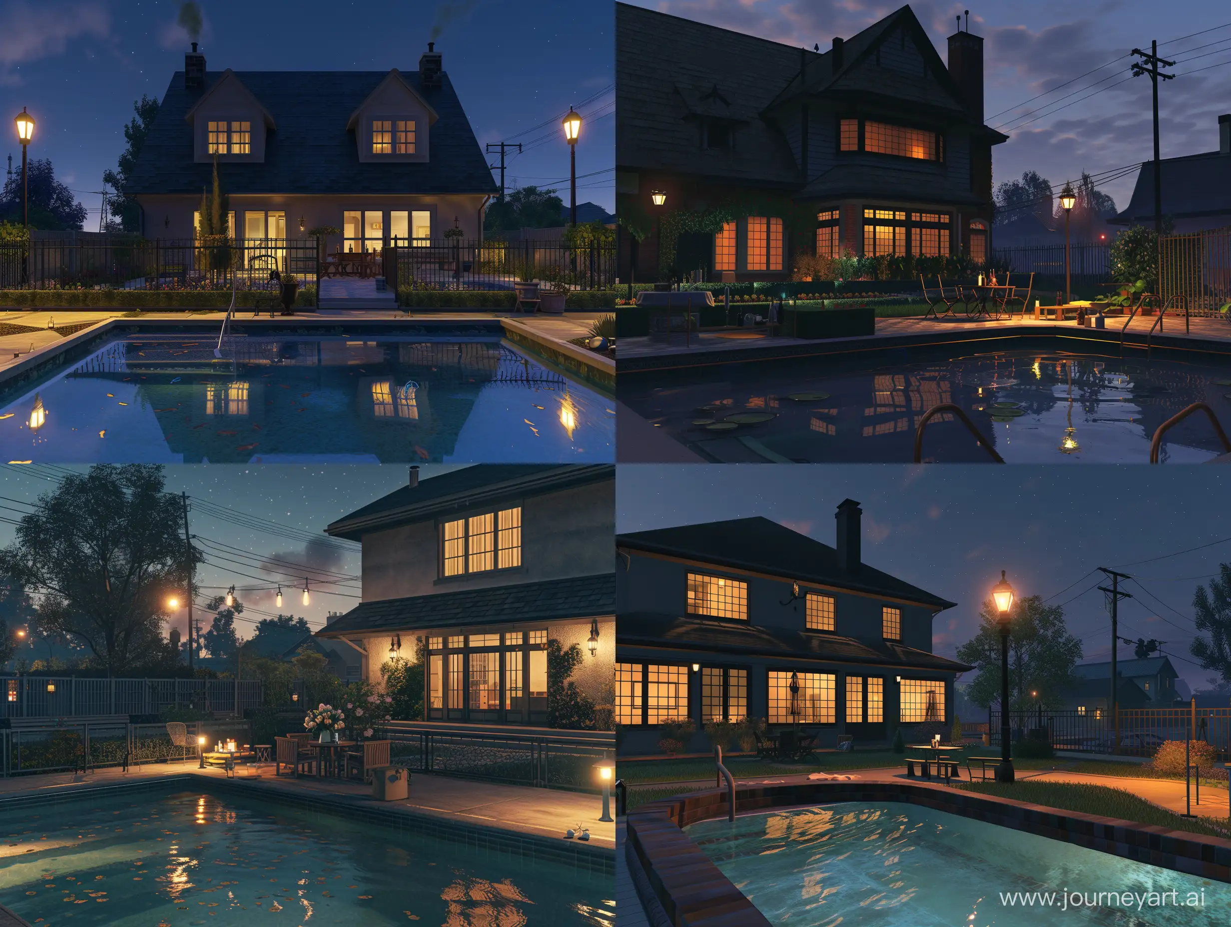 low horizon line. in full growth Wholly beautiful american style large house with a roof, and windows, at night. big beautiful night skies. a backyard with gardens. completely in the picture a small swimming pool, with edging and small steps. modern garden. street lamps. fresh reflecting in the clear transparent water. near of the pool a little table with drinks and candles. there are two chairs near the table. a fence with a gate. A street in the background. 8k, hyperealism, unreal engine