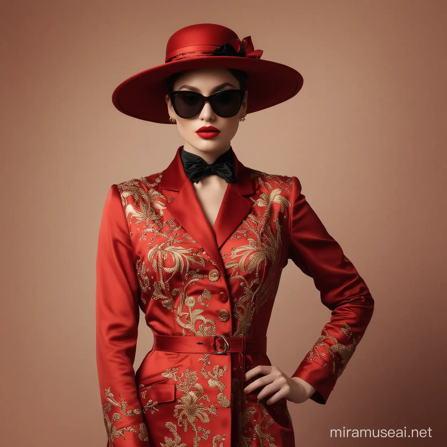 35 years old woman , Venetian carnival figure dressed in a designer night dress from either Dior, Gucci, or Armani, topped with an elegant hat, adorned with sunglasses, hands casually placed in pockets, color palette rich in red, golden, and black hues, captured in a Vogue-style fashion, artistic elements echoing the styles of Eiko Ojala and Tracie Grimwood blended with Alberto Seveso's festive touch, fusion of watercolor, soft pastel, and oil accents on a