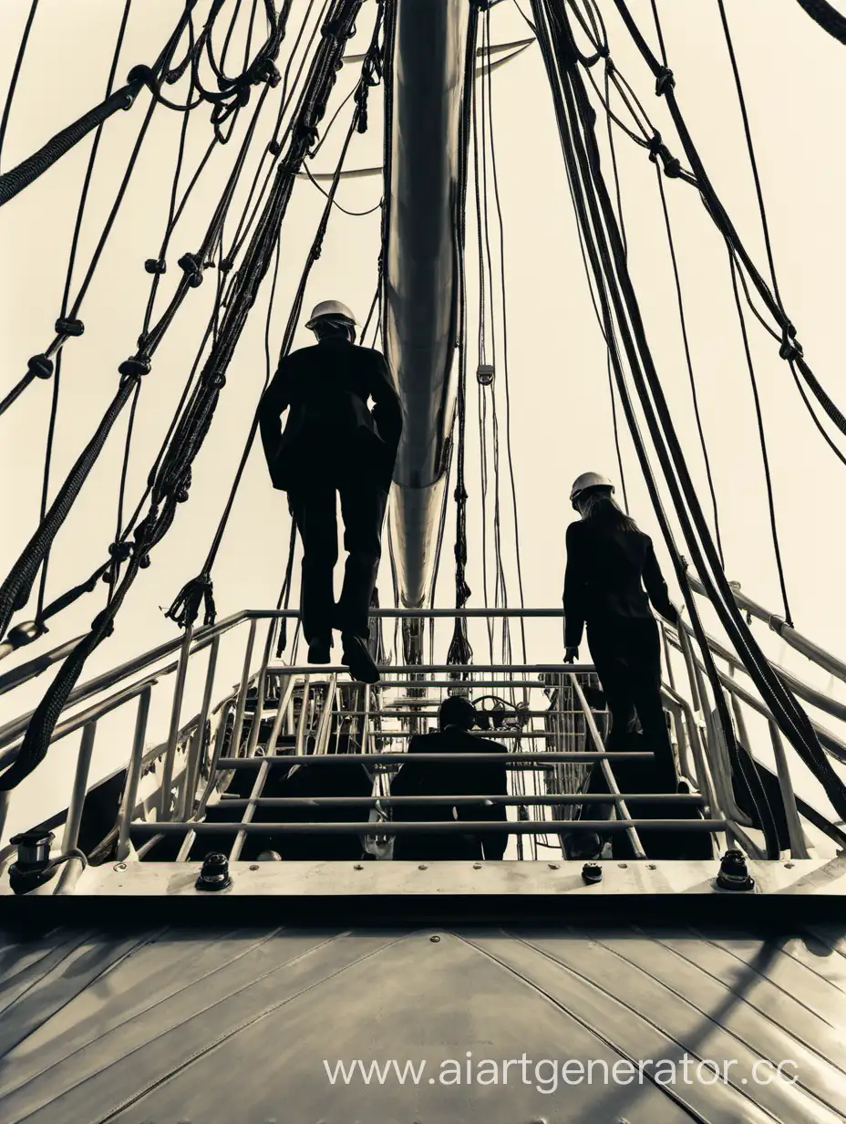 Bottom-up view of two people on board the ship