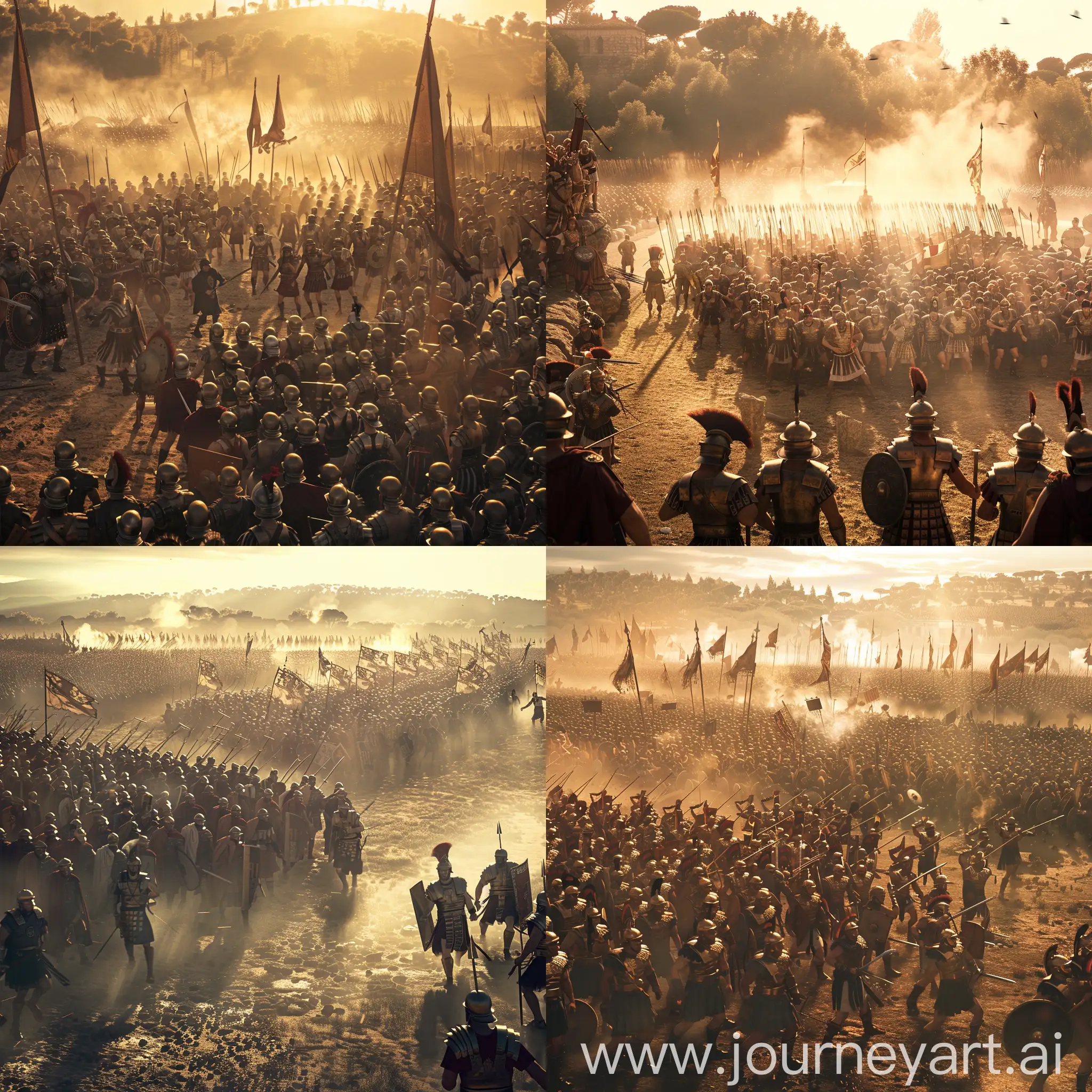 Roman battle scene, legions in tight formation facing a horde of barbarians, a sprawling battlefield under the harsh light of the afternoon sun, Style: Inspired by the dramatic and gritty realism of Gladiator combined with the epic scale of Rome (TV series), Additional Details: Roman soldiers clad in historically accurate armor, short swords glinting, barbarians wielding various weapons, banners fluttering, dust kicked up by the melee, Modifiers: Dynamic angles to capture the clash, emphasis on the contrast between the disciplined Roman formations and the chaotic barbarian charge.