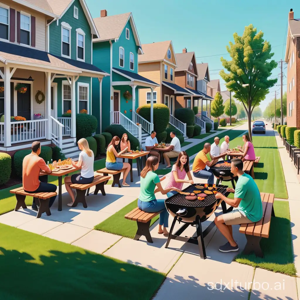 small neighborhood party with long benches and grill and people clipart