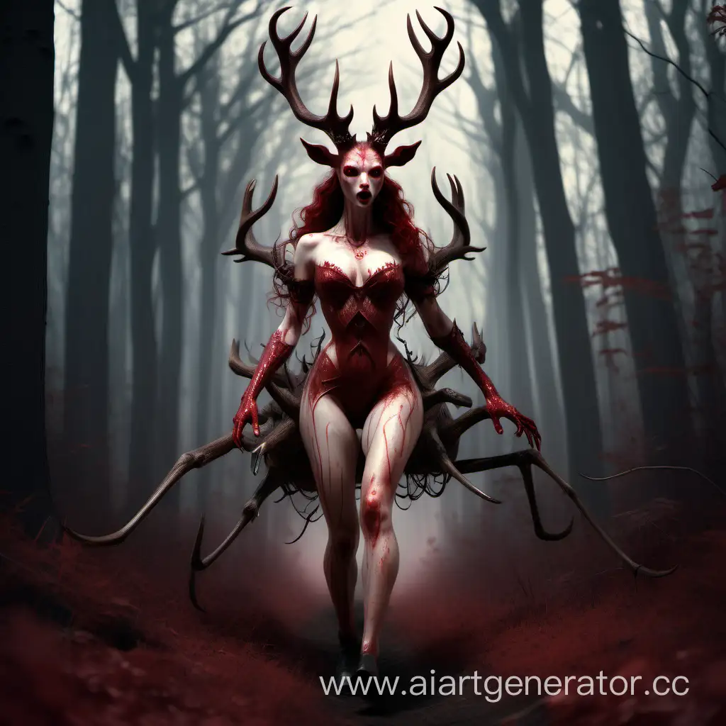 Enchanting-Devilish-Beauty-Riding-a-Frightful-Deer-in-a-Dark-Forest