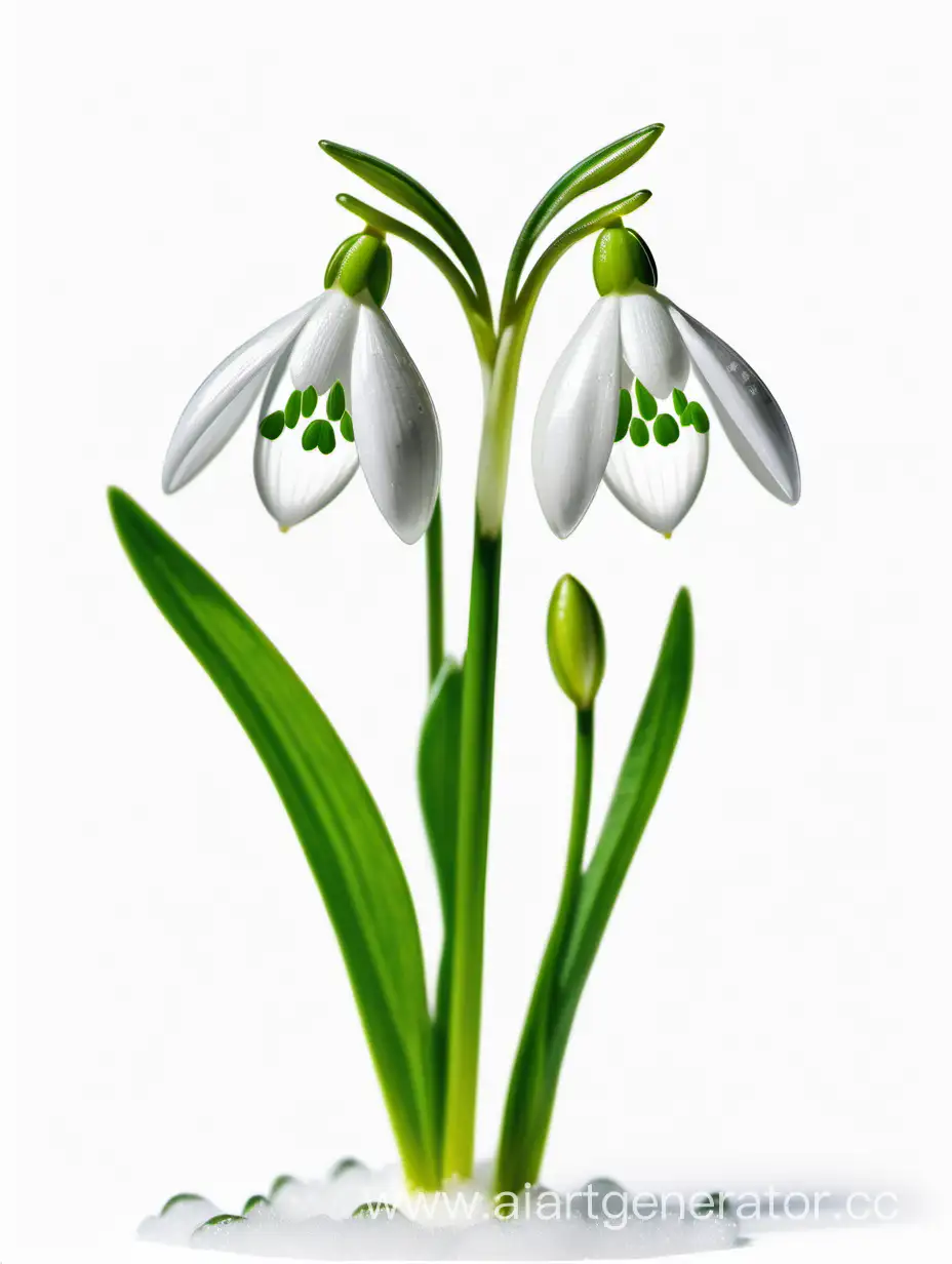 8K-AllFocus-Snowdrop-Wild-Flower-with-Fresh-Green-Leaves-on-White-Background