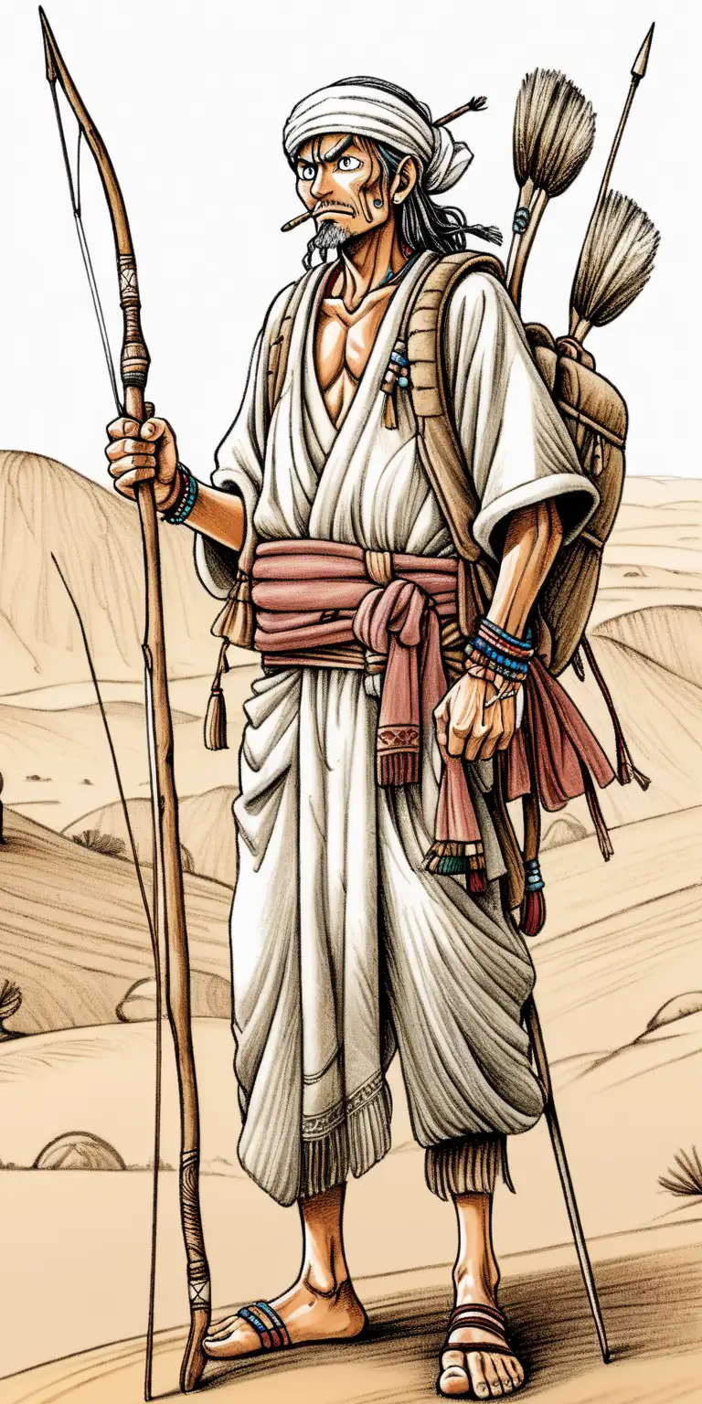A middle-aged skinny desert nomad who wears traditional clothes, carries a spear and a bow, one piece drawing style.