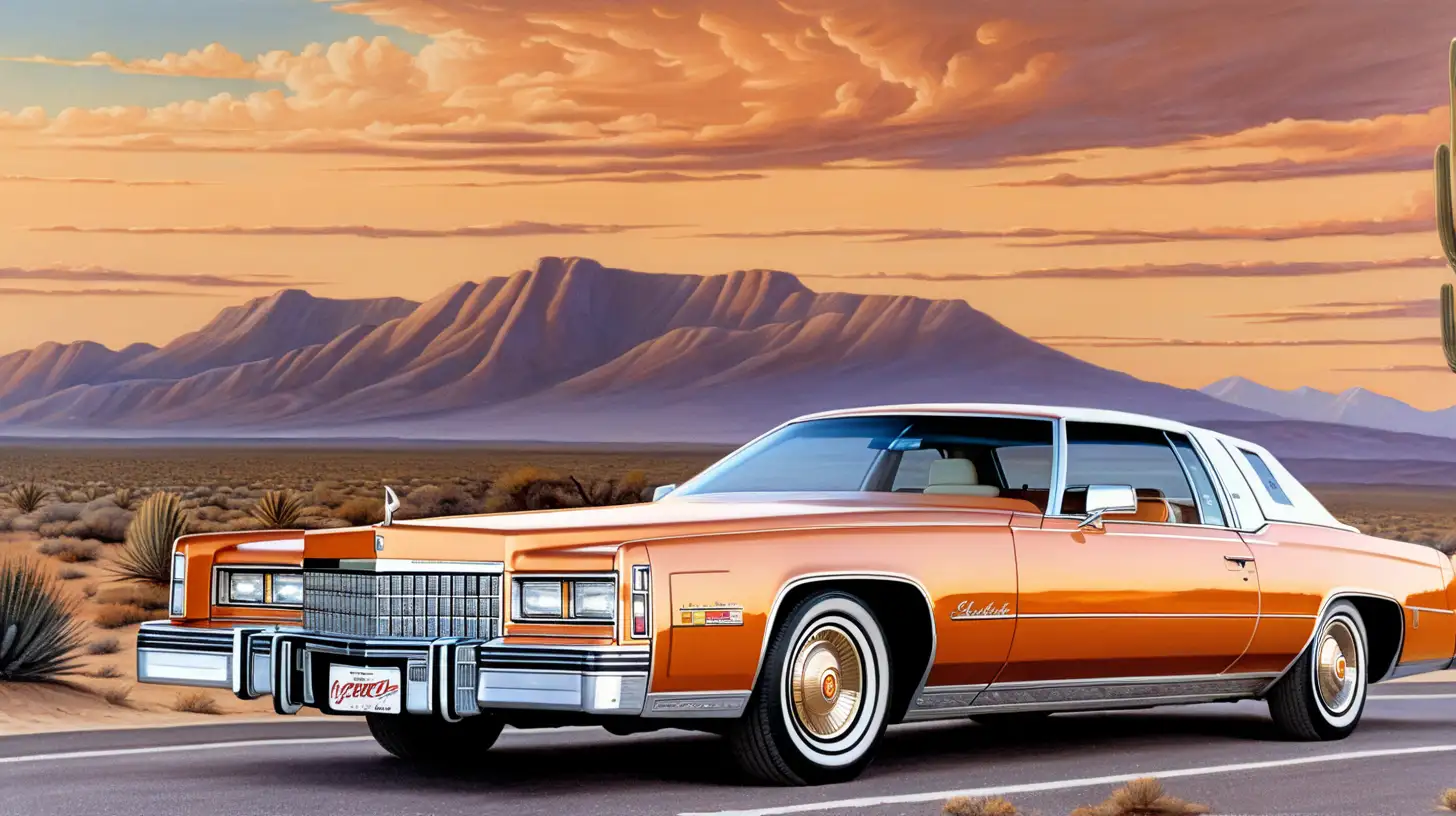 A 1978 Cadillac Eldorado Biarritz hardtop, wide view, muted light, tangerine flake paint, desert highway, mountains, dramatic sky