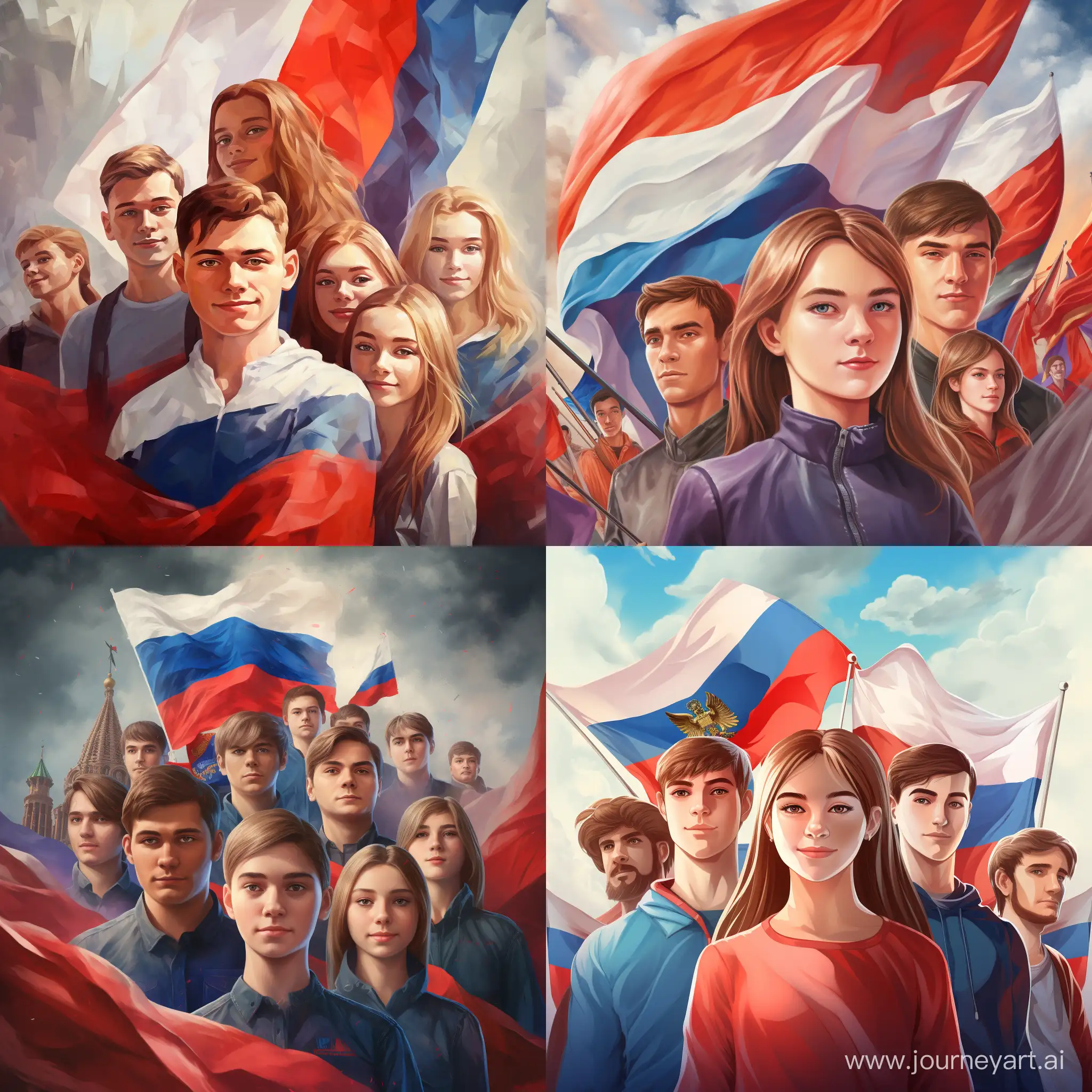 создай картинку группа молодых людей а сзади в них флаг россии типо чтобы подходила под эту тему Значение государственных символов в патриотическом воспитании граждан