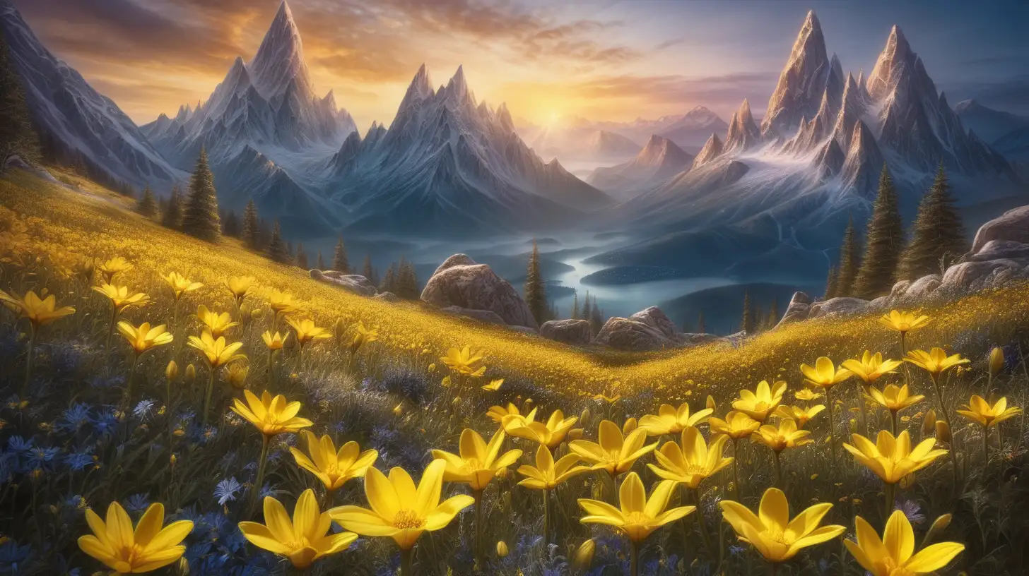Glowing bright-yellow flowers surrounding Magical Fairytale mountains