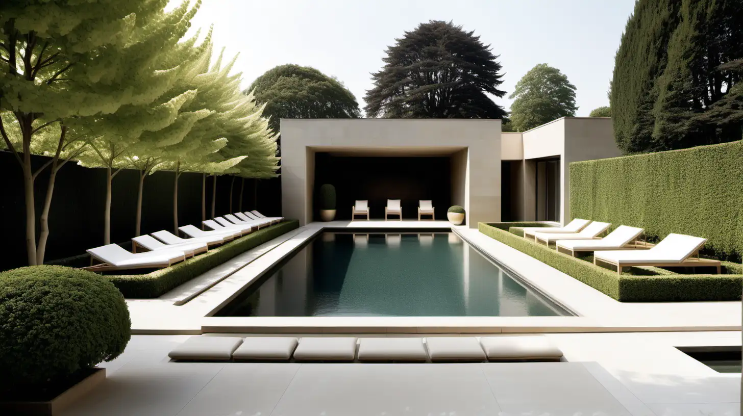 Grand Modern Minimalist pool; beige, oak, brass colour palette; sparkling water; potted boxwood; potted white hydrangeas; sprawling lawns
