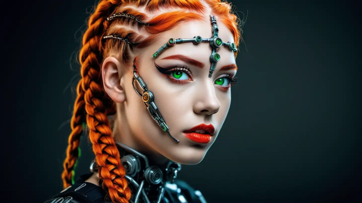 Beautiful cyborg woman, 18 years old. She is gorgeous. She has an extremely beautiful face.  She has orange braids. She is german or slovenian. Her braids are wild. Red lips. Green eyes. Artistic.