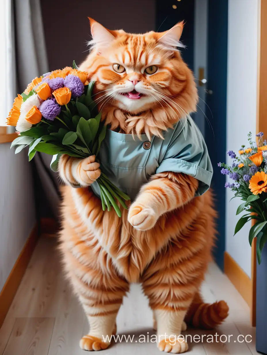 Big-Fluffy-Ginger-Cat-in-Jumpsuit-Giving-Bouquet-of-Flowers