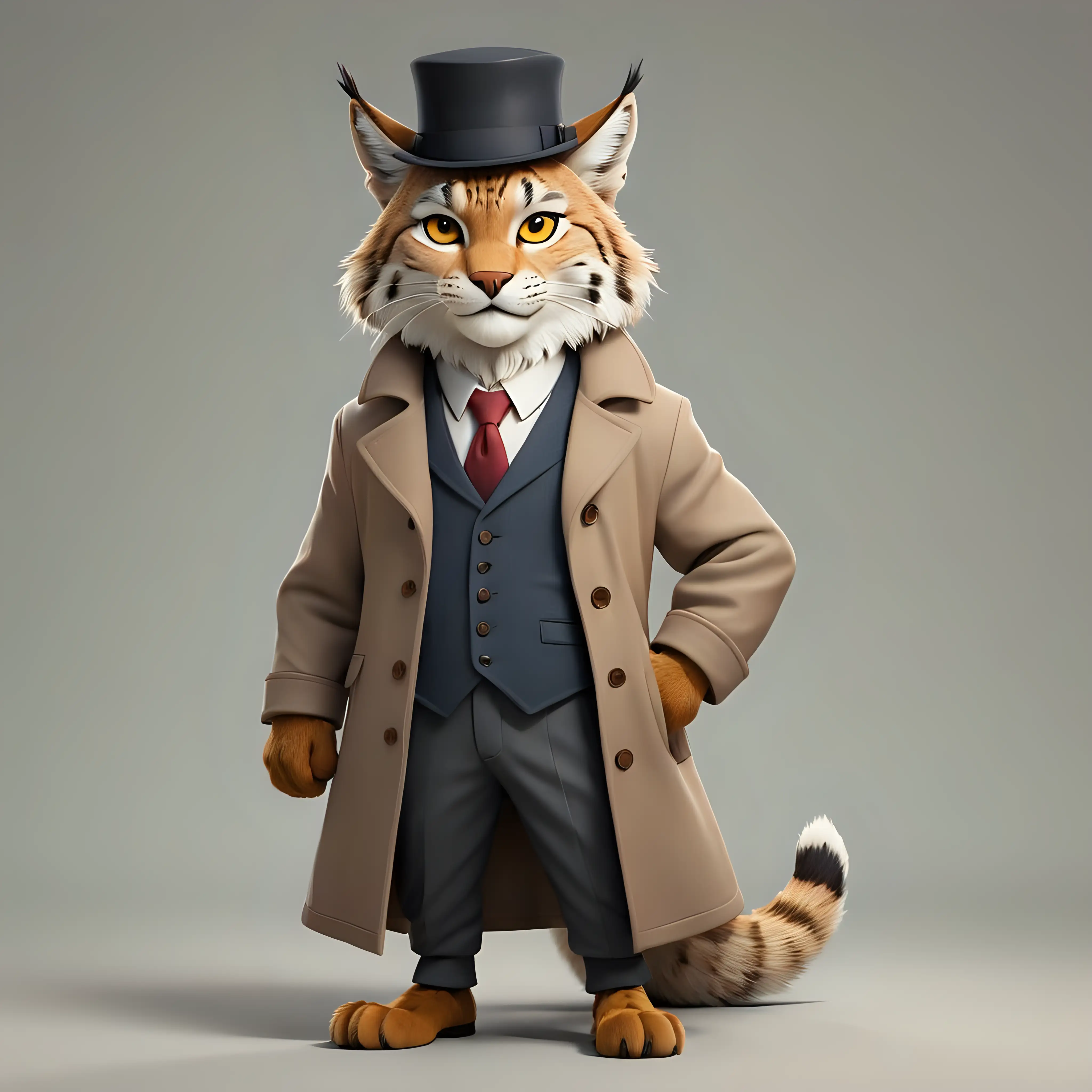 a lynx in cartoon style, full body, Detective with overcoat and formal hat, with clear background