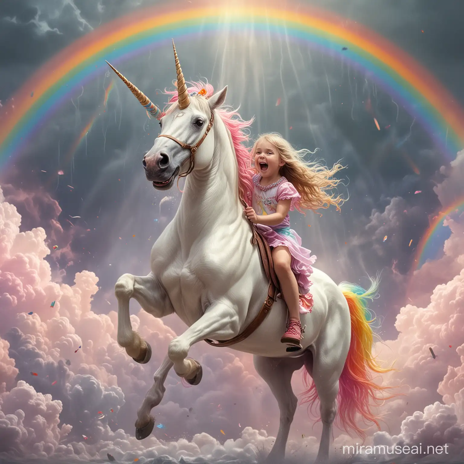 an insane demented little girl, she is riding a unicorn through a rainbow