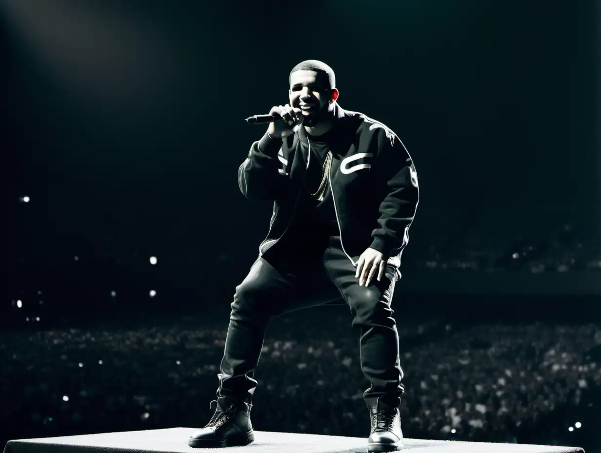 Drake performing in a 200,000 seats studium with one mic in one hand. wide-shot, Clear facial features, 16-35mm lens, f/1.8, global illumination, natural light, uplight, Ilford film stock --ar 16:9 --q 2 --v 5"