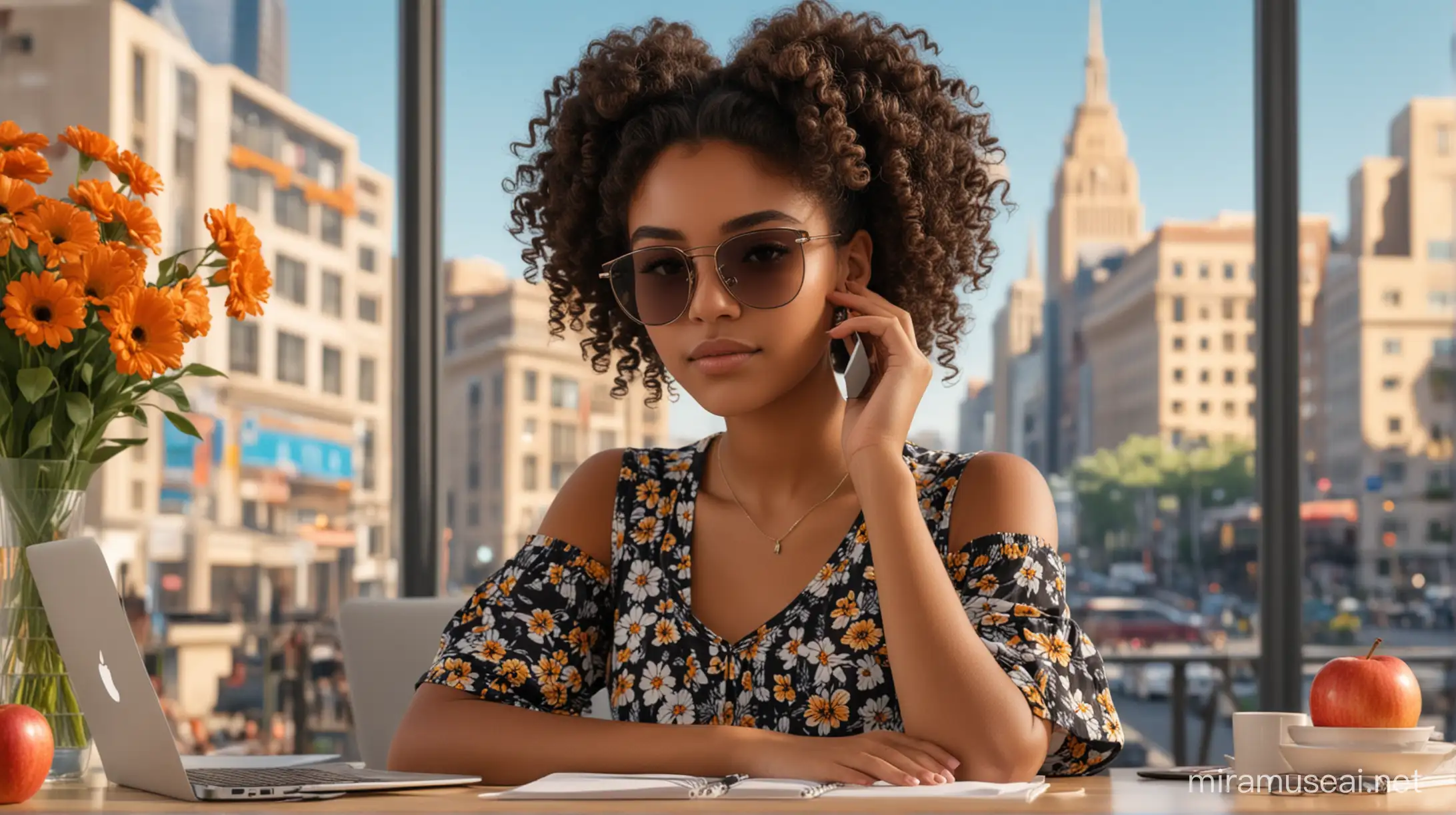 realistic 17 year old black girl, sitting at a desk with an Apple laptop, brown eyes, black curly hair in a bun, front facing, wearing matching sunglasses, front facing, with a background of a city, with flowers on the desk, phone on the desk
