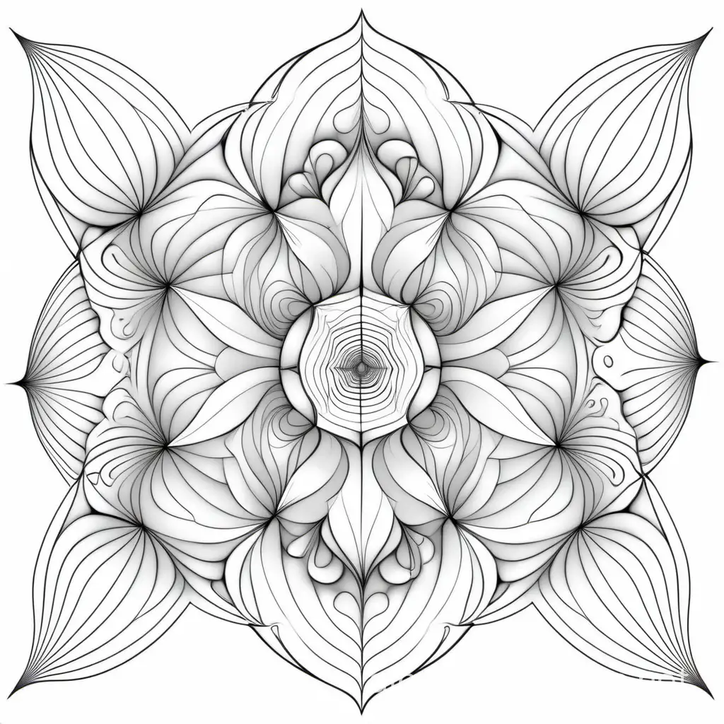 Arte fractal, Coloring Page, black and white, line art, white background, Simplicity, Ample White Space. The background of the coloring page is plain white to make it easy for young children to color within the lines. The outlines of all the subjects are easy to distinguish, making it simple for kids to color without too much difficulty