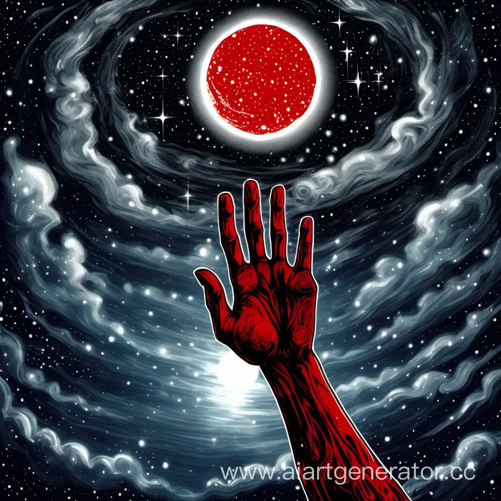 на ночном чёрном но звёздном небе древний бог открыл глаза и показывает нам красную окровавленную руку направленную на нас ладонью а на ней написано Empire of MoonLight