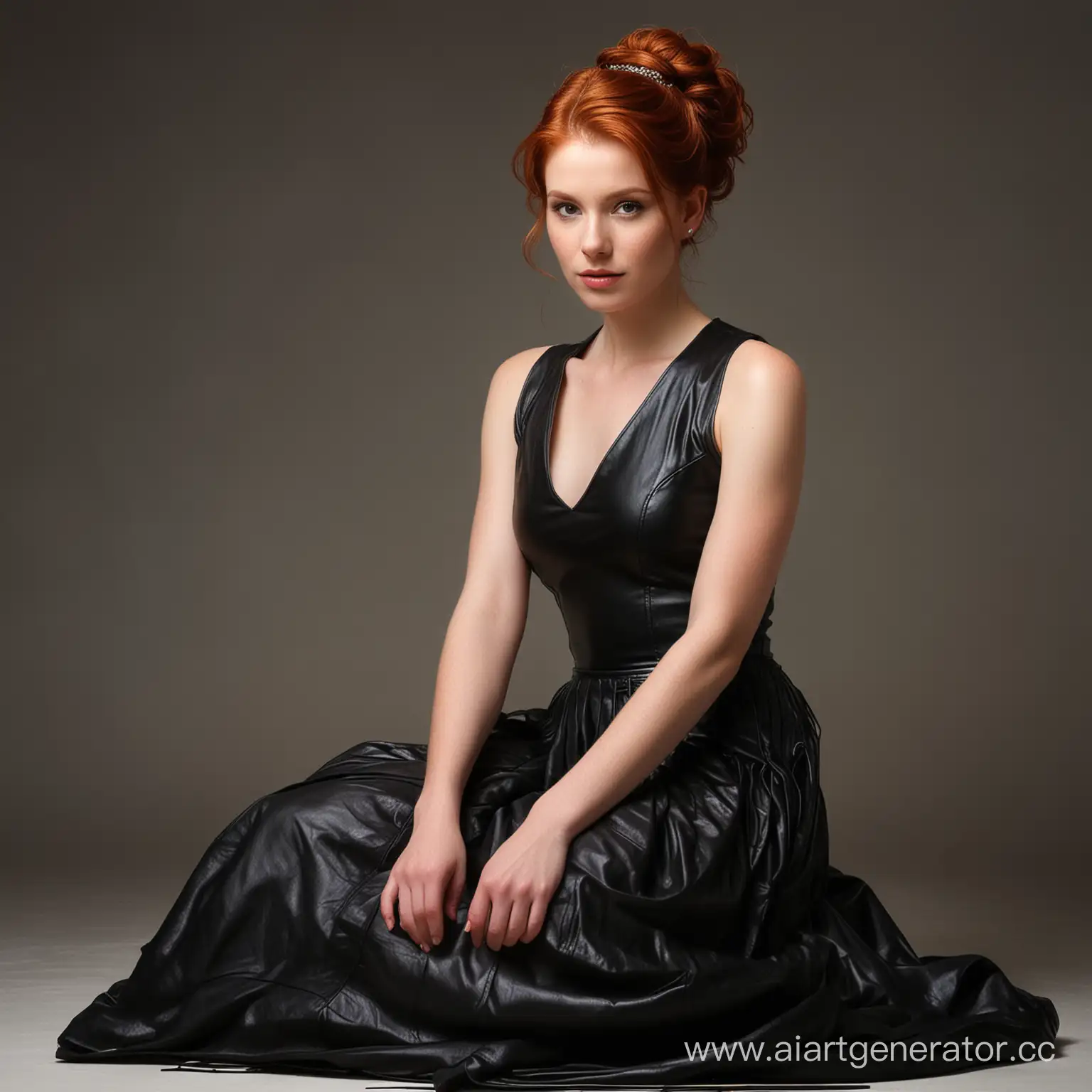 Elegant-Redhead-Woman-in-Leather-Skirt-Pose-with-Dramatic-Lighting