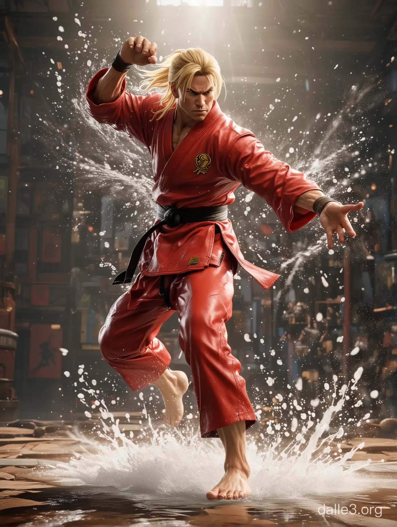 ken from street fighter doing his superpower hadouken, kamehameha, wide karate stance, both hands stretch pointing straight to the front, energy bursts from the palm of his hands, unreal engine 5, absurdres, volumetric lighting, sharp focus, light bokeh.wearing red karate clothes.shoulder length long blonde hair.there's splash of water in his foot