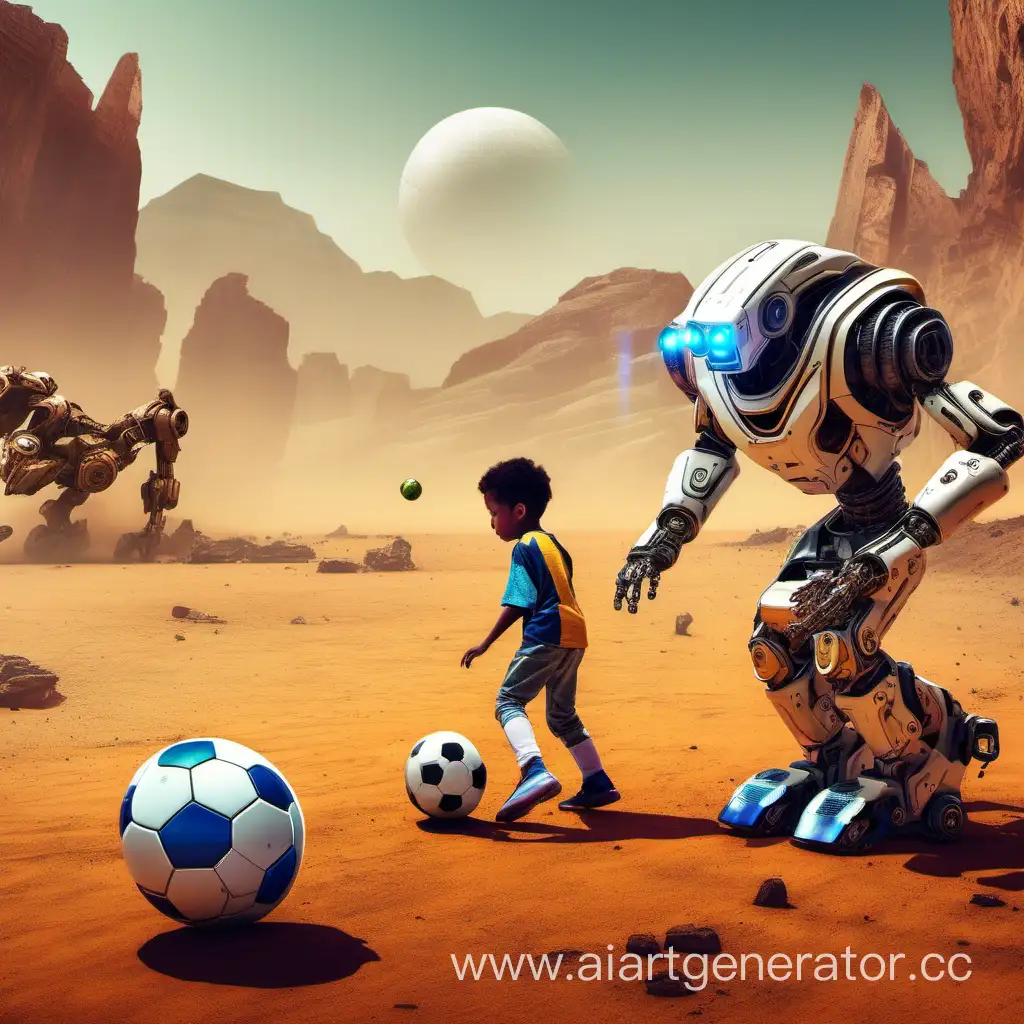 A child and an adult on another planet are playing soccer with robots
