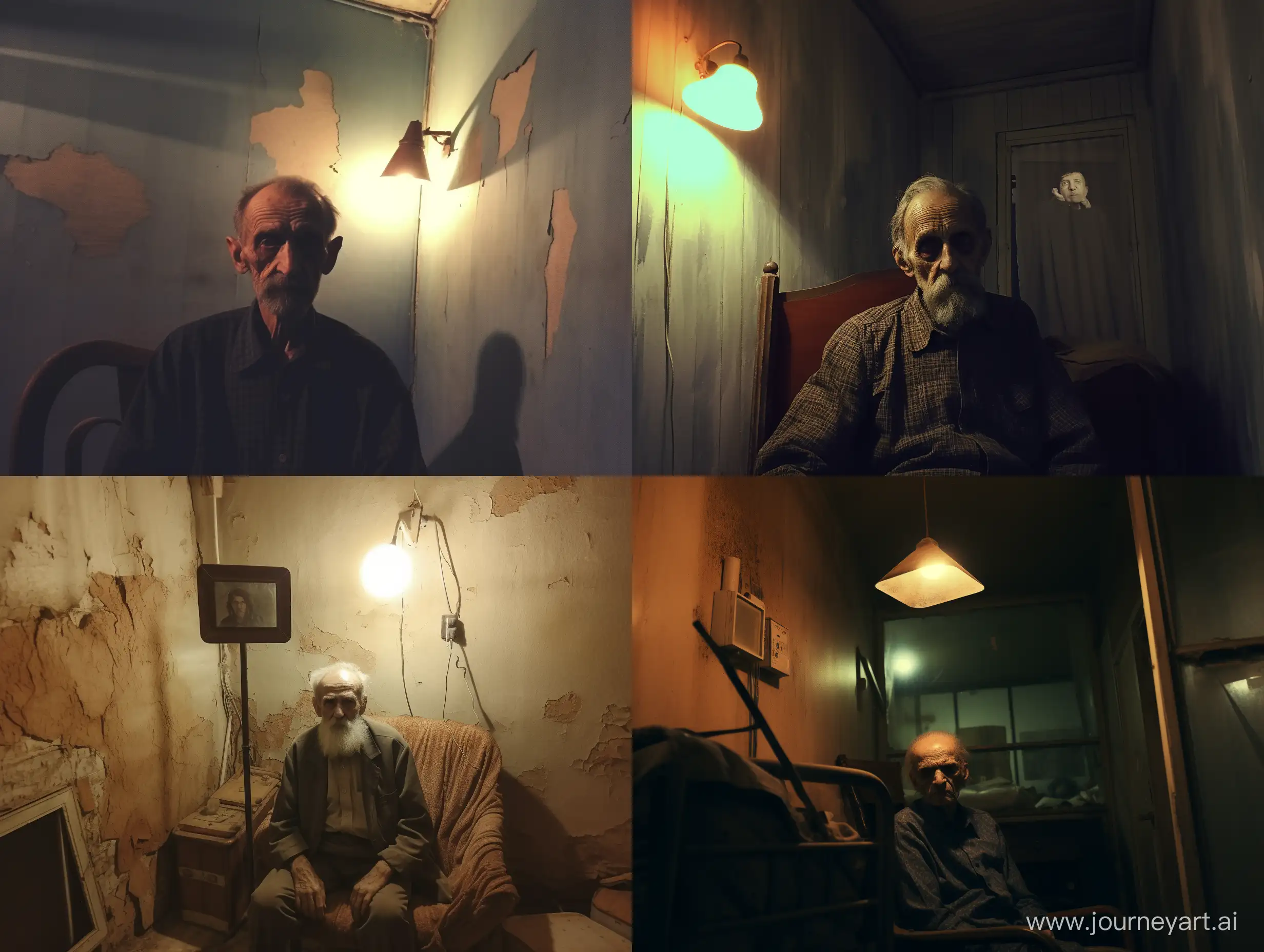 bad quality web camera old man's photo. Scene: background apartment dirty wall. Warm lamp light ambient