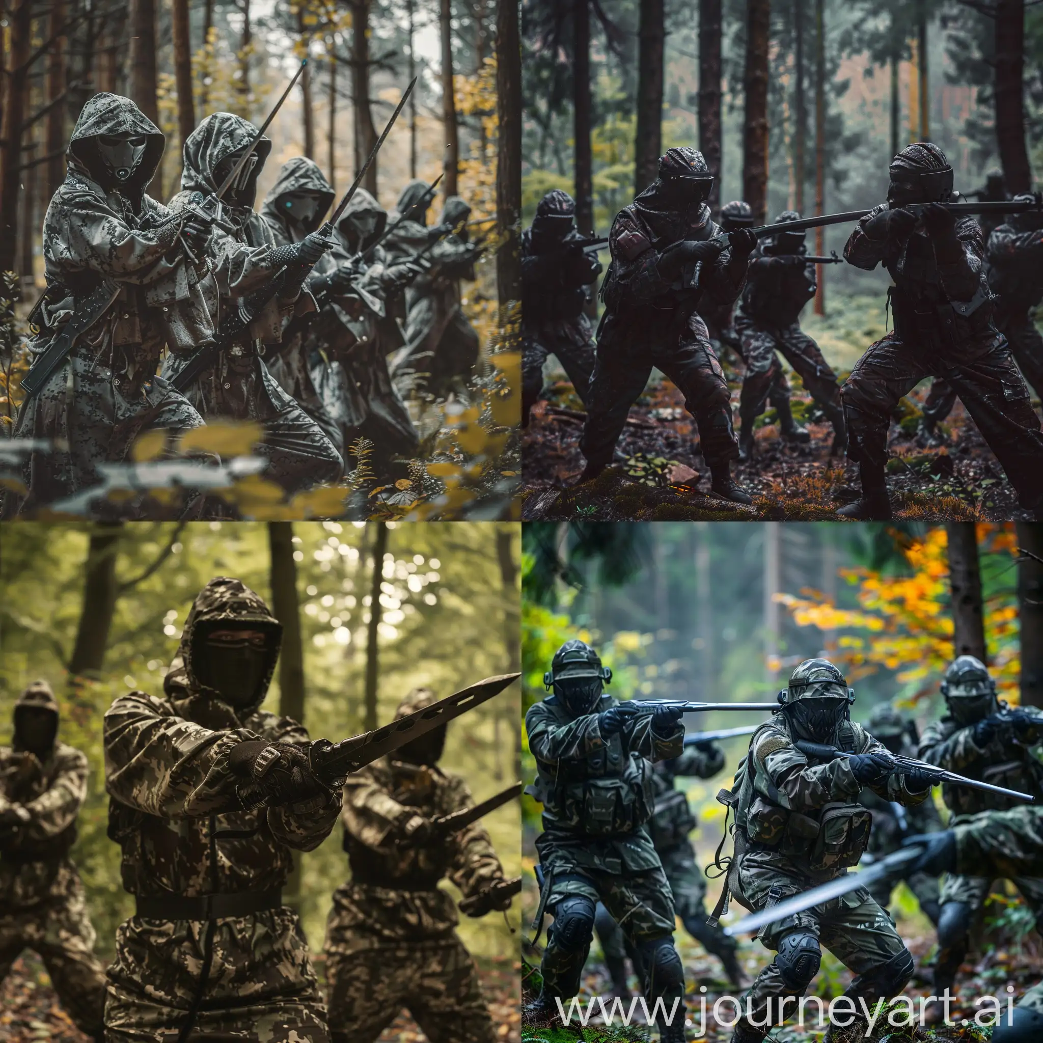 Group of slightly futuristic soldiers but instead of rifles they armed with futuristic katanas and are eager to fight. They are stationed in a forest with camouflage clothing