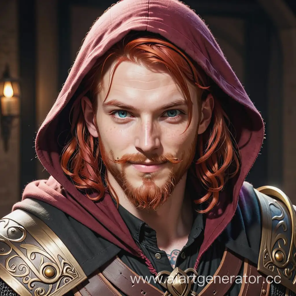 Smirking-Bard-with-Red-Hair-and-Multicolored-Eyes-in-Hooded-Attire