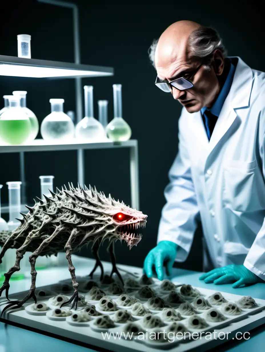 ученый, наблюдающий в лаборатории за созданной им хищной плесенью-мутантом
