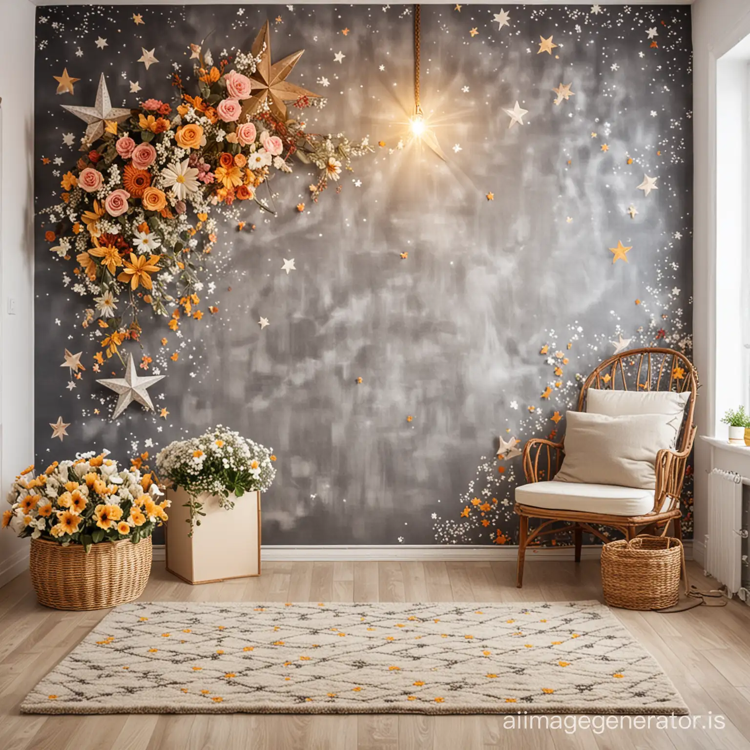 Beautiful background of the children's studio-boke-A wall with a childish pattern-paper-Carpet-line-star-smoke-flower basket-the prettiest- titanic