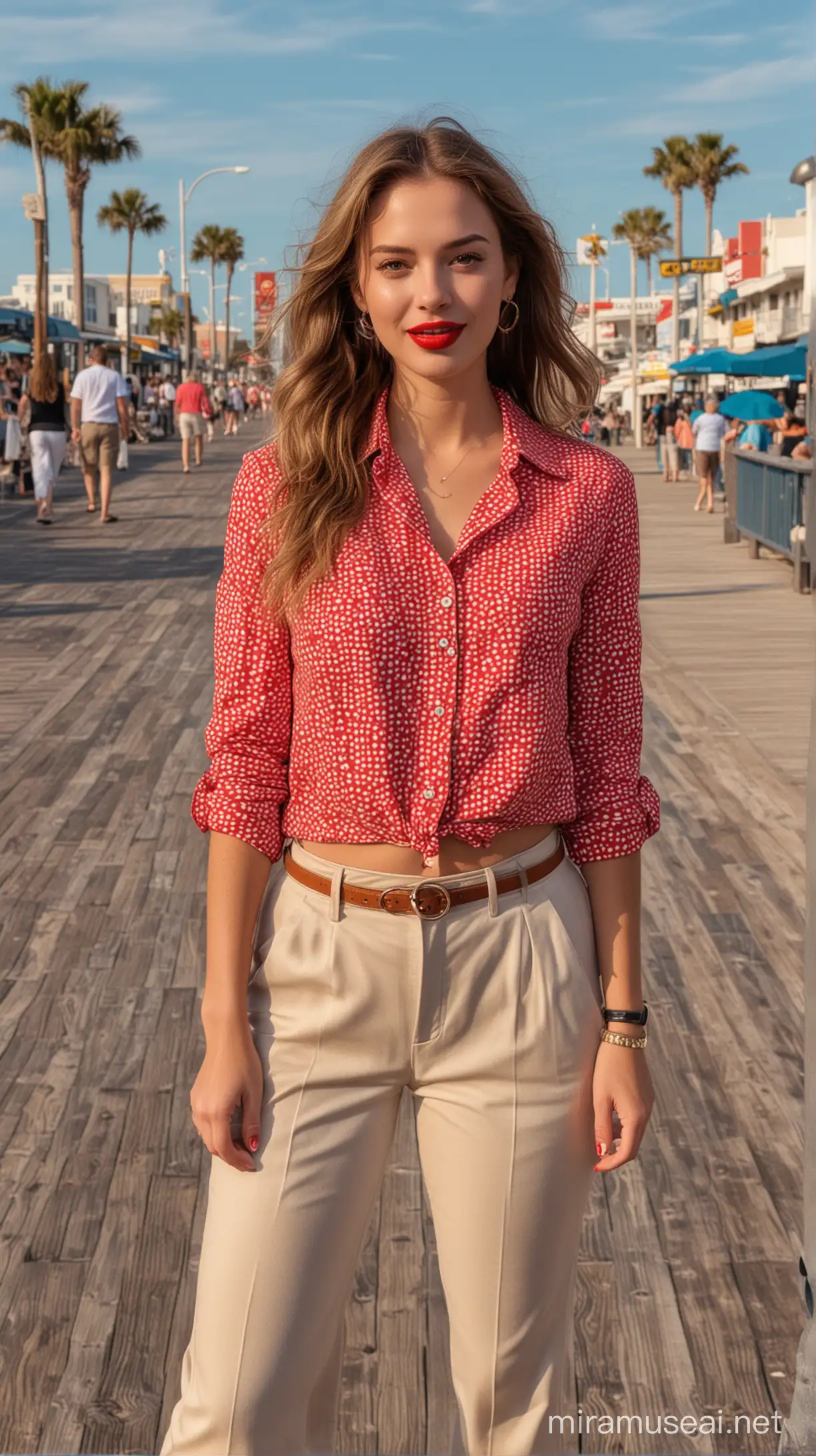 4k Ai art best view beautiful USA girl brown open hair red lipstick ear tops six pokit trousers and coral button shirt in usa Ocean City boardwalk