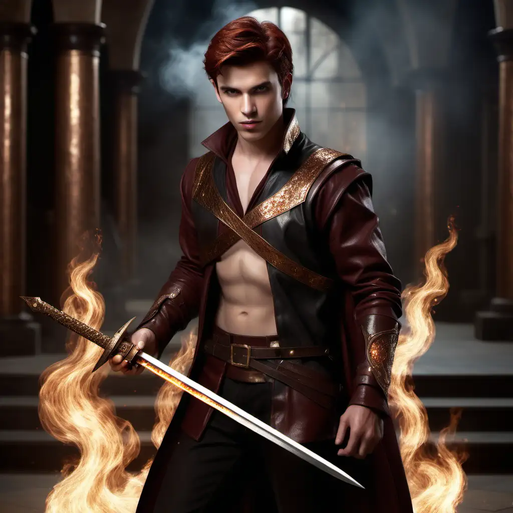Hyperrealistic image of a young hot man in a magic academy. He has dark eyes with golden sparkles inside and dark rust red brown hair. He wears modern leather clothes from the academy. He controls fire and looks powerful and strong and morally grey. He has a sword in one hand. 
