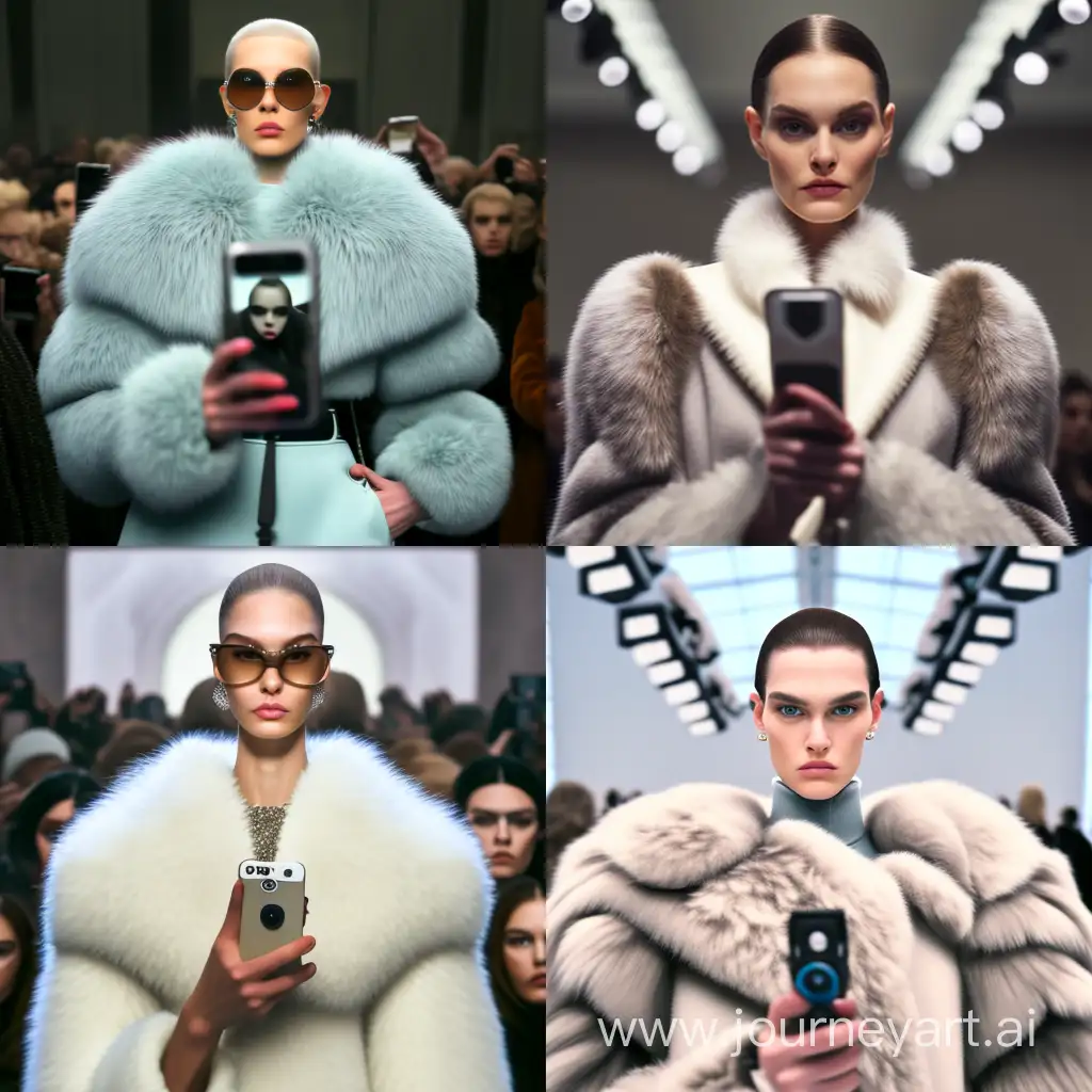 Top-Models-Glamorous-Selfie-in-Luxurious-Fur-Coat-on-Runway-Podium