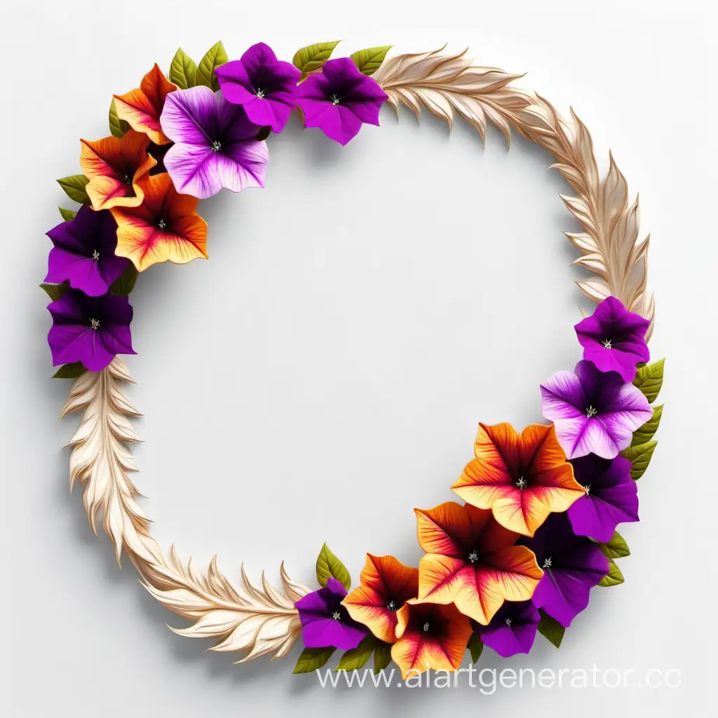 simple icon of a 3D flame border dry bouquets floral wreath frame, made of border bright Petunia flowers. white background.