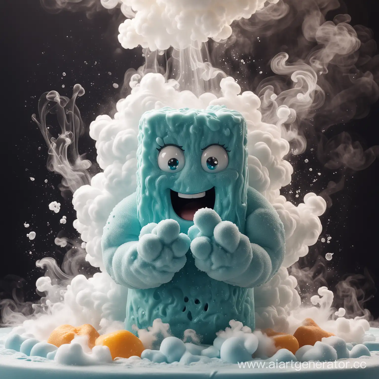 изображение мультяшного персонажа, натирающего руки мылом, вокруг него пена и облаком дыма, изображение  должно быть захватывающим и насыщенным с яркими цветами