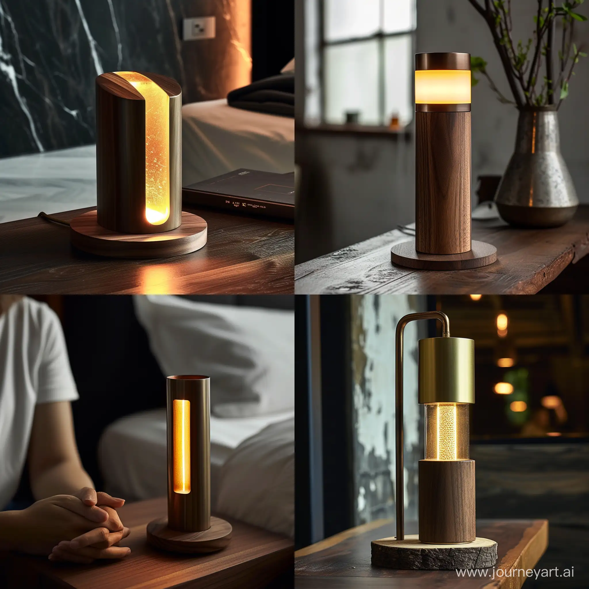 design a highly creative bedside lamp made from bronze and walnut wood. The lamp should exude a soothing and warm glow, complementing a minimalist and luxurious style. Capture the lamp in an industrial photography setting within a luxurious environment