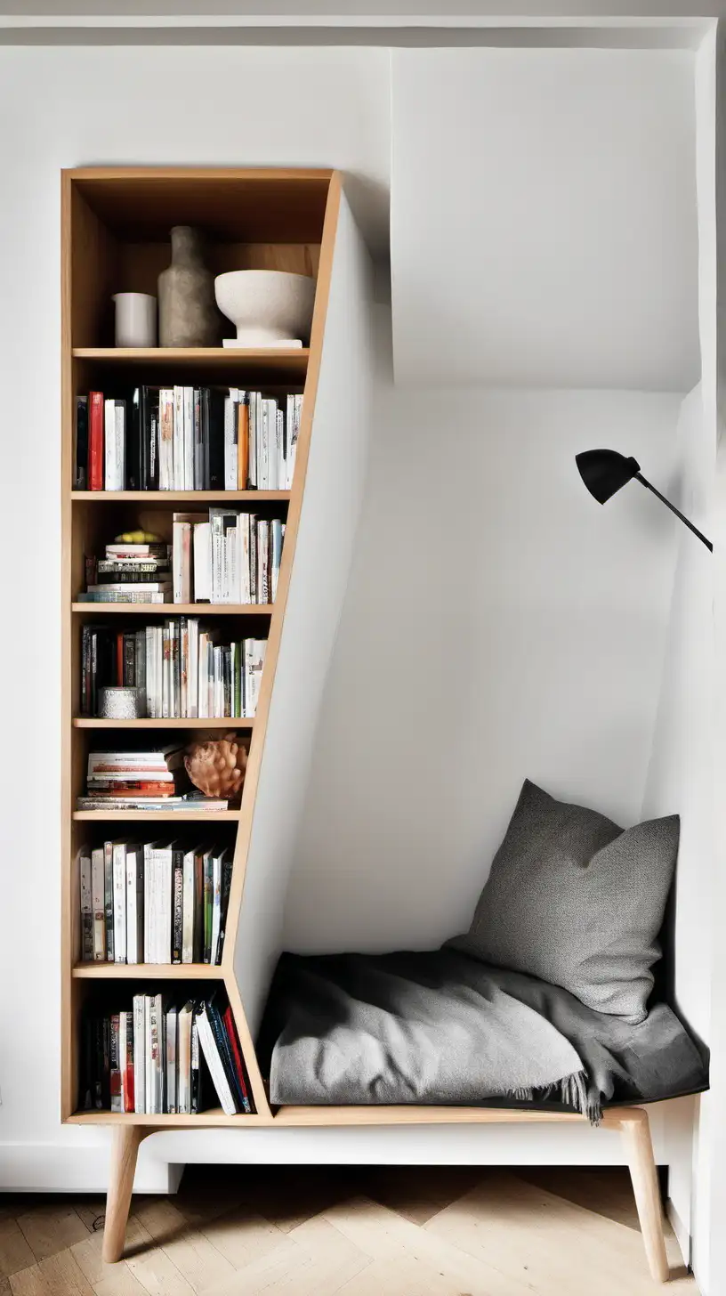 Scandinavian Bookshelf in a Rectangular Nook Minimalist Reading Space with Nordic Influence