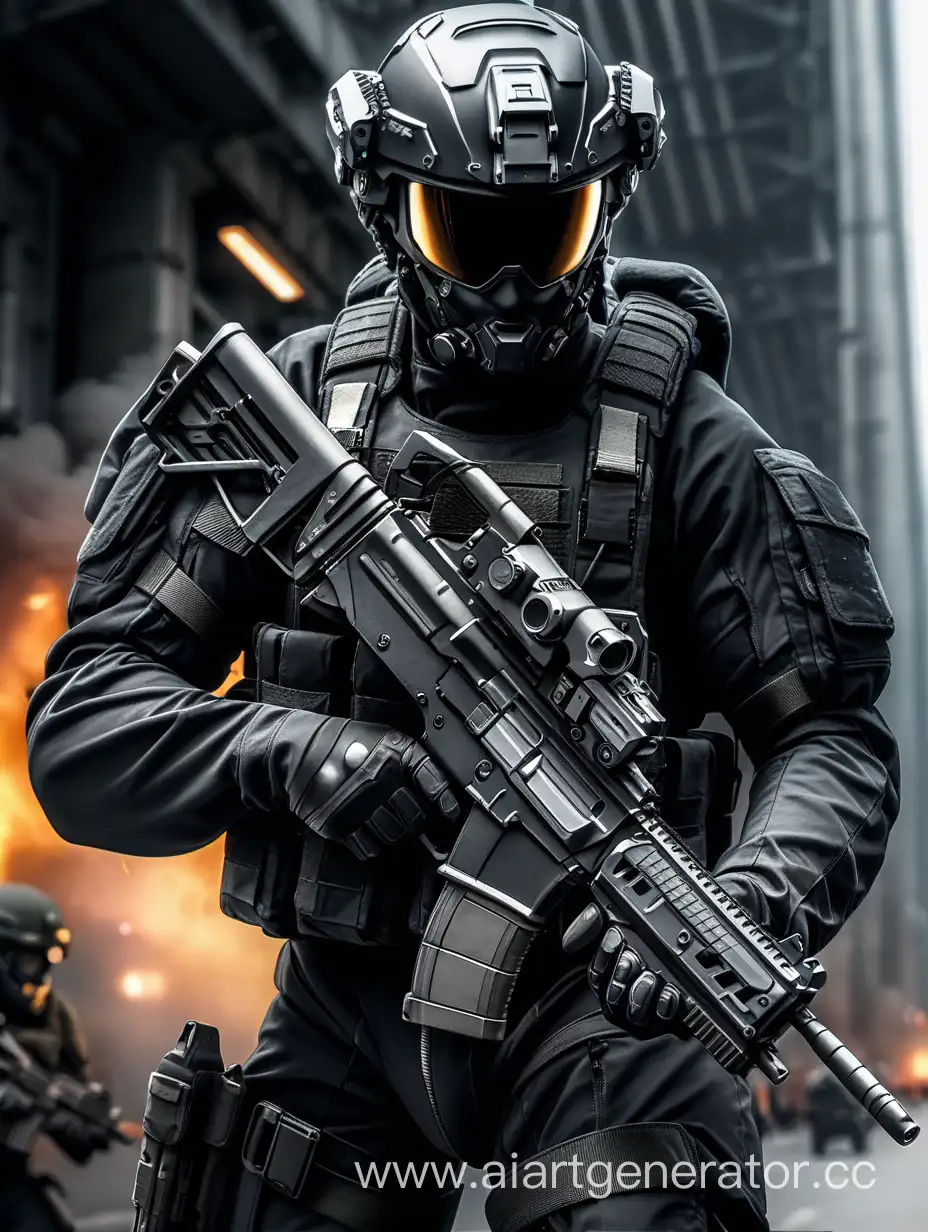 Technological Soldiers in black uniforms are very armed